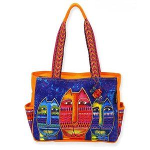 Laurel Burch Purple & Orange Three Amigos Cat Medium Tote